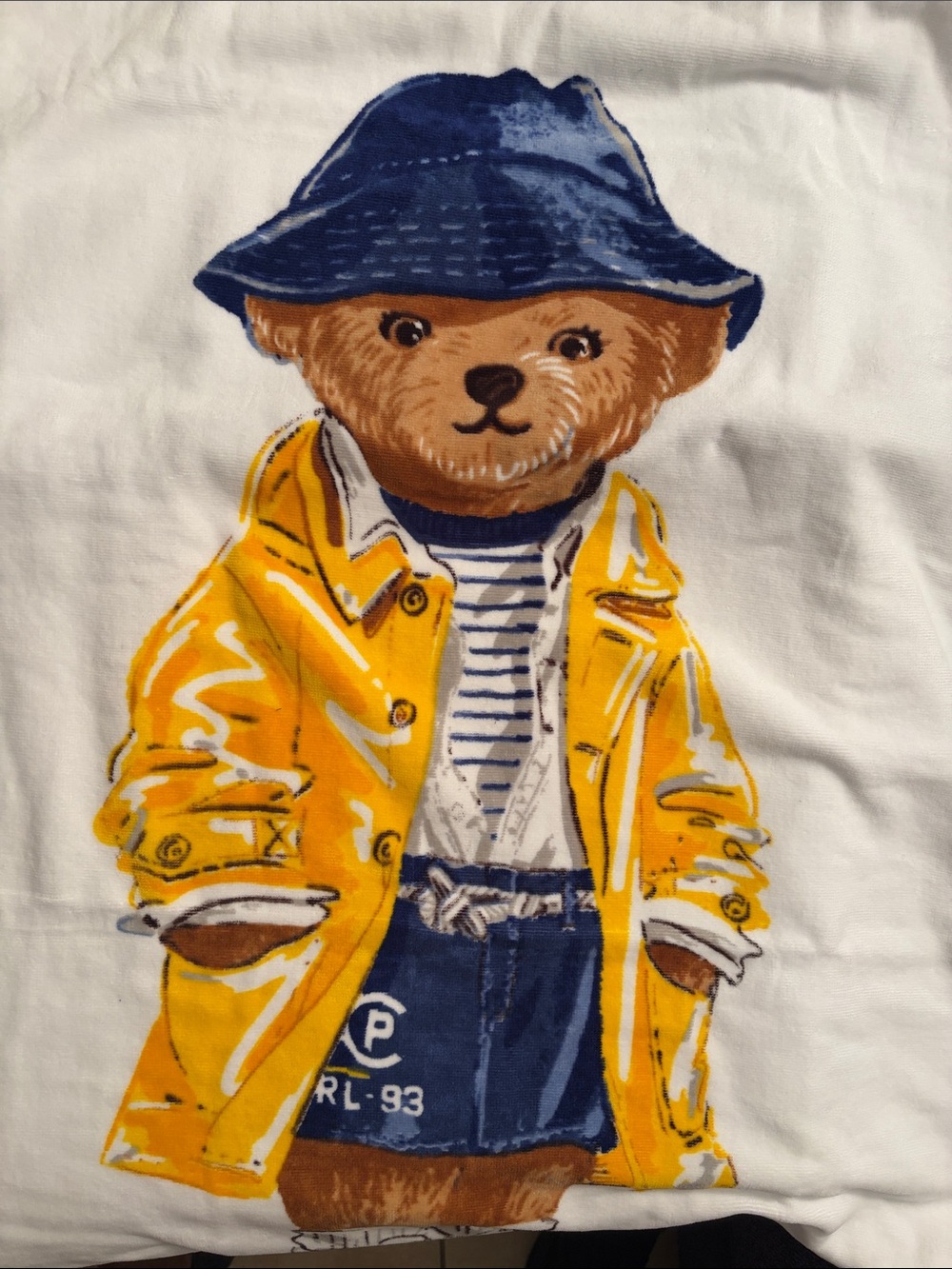 Teddy Bear Raincoat Graphic Beach Towel- Yellow, Navy, White & Tumbler.